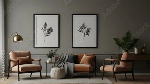 Fototapeta Elegant living room with sofa, decoration and door on concrete floor. Genrative.ai 
