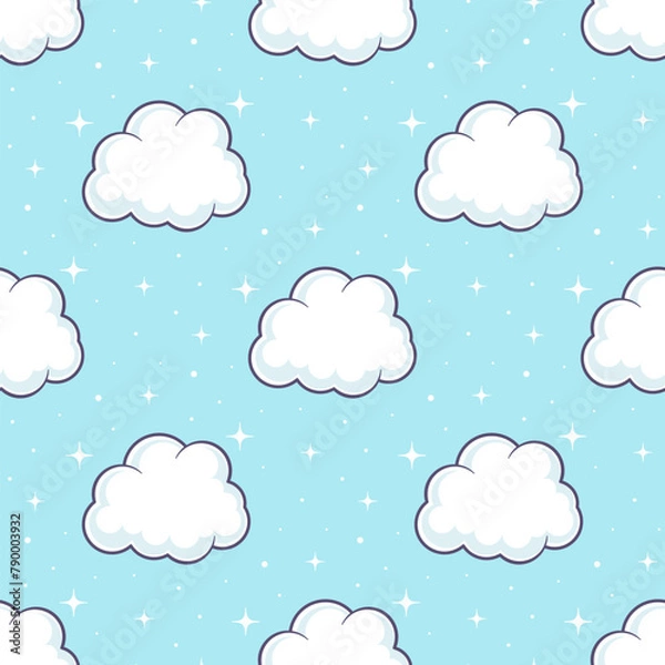 Fototapeta White cartoon clouds on blue background. Vector seamless pattern.