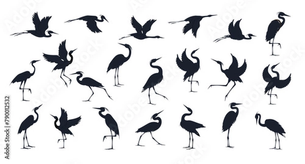 Fototapeta Heron birds silhouette set isolated on white background. Flying, standing, running, walking and dancing herons. Vector drawings collection.
