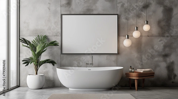 Fototapeta Frame mockup, poster mockup frame on bathroom wall, poster mockup, interior mockup with house background. Modern soft minimalism and boho interior design. 3D rendering style, modern luxury
