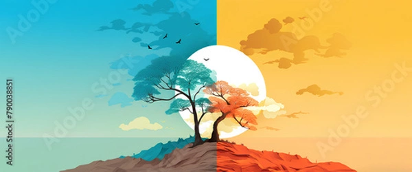 Fototapeta Colorful illustration of a tree on a hill and the moon behind. Red and blue. Changing season of nature. Save the planet.