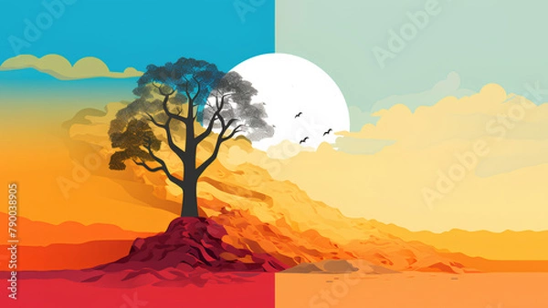Fototapeta Colorful illustration of a tree on a hill and the moon behind. Red and blue. Changing season of nature. Save the planet.