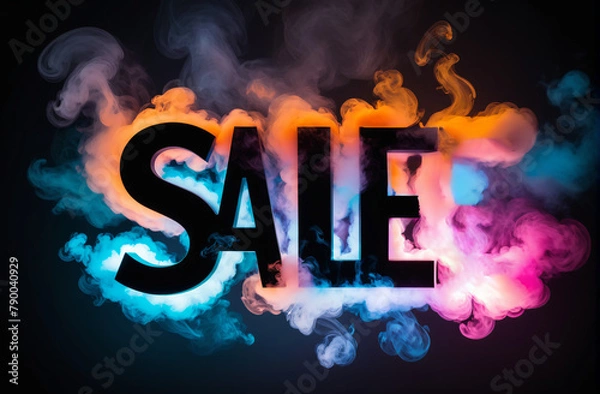 Fototapeta hot sale, text sale in clouds of multi-colored smoke on the background, design for poster, banner