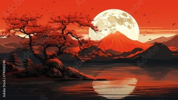 Obraz full moon over mount fuji