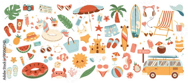 Fototapeta Big set of Summer sticker. Icons, signs, banners. Bright summertime poster. Collection elements for summer holiday and scrapbooking elements for beach party.