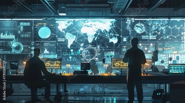 Fototapeta Engineers collaborating in a high-tech manufacturing control room, orchestrating the symphony of production with precision.