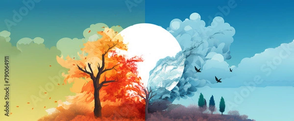 Fototapeta Colorful illustration of a tree on a hill and the moon behind. Red and blue. Changing season of nature. Save the planet.