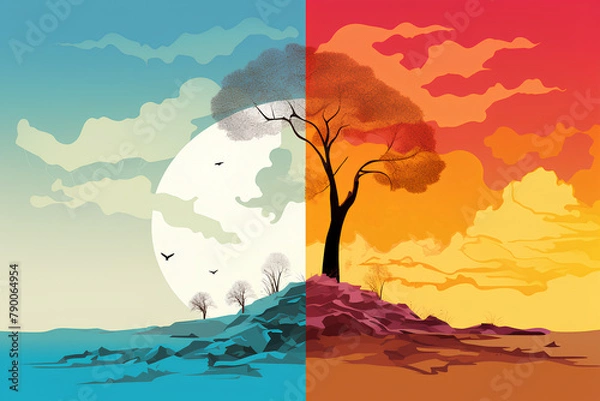Fototapeta Colorful illustration of a tree on a hill and the moon behind. Red and blue. Changing season of nature. Save the planet.