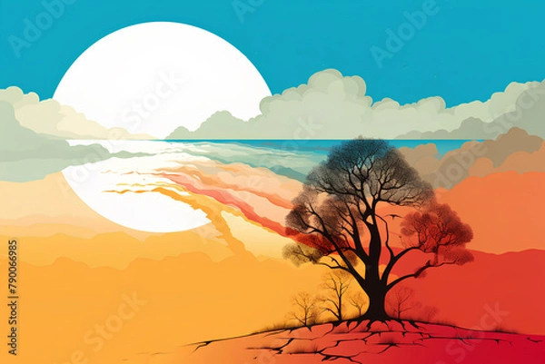 Fototapeta Colorful illustration of a tree on a hill and the moon behind. Red and blue. Changing season of nature. Save the planet.