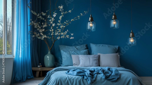 Fototapeta Modern hotel room. Double bed. Comfortable, contemporary, stylish hotel room. Blue color tones. Travel. Tourism. Vacation.