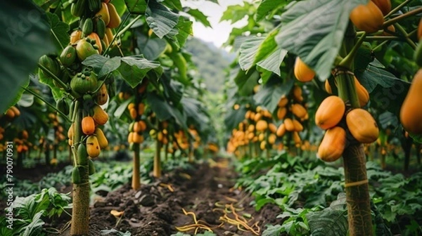 Fototapeta Tropical papaya trees in a lush garden produce exotic and succulent fruits in greenhouses.