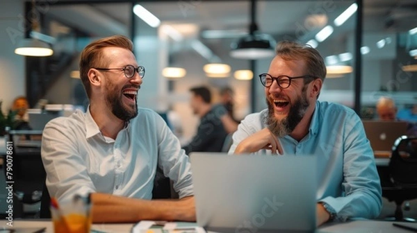 Fototapeta Happy businessmen laughing while working together on new project in office Use your laptop