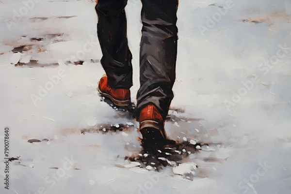 Fototapeta Winter walks in boots. Step by step to the dream. 