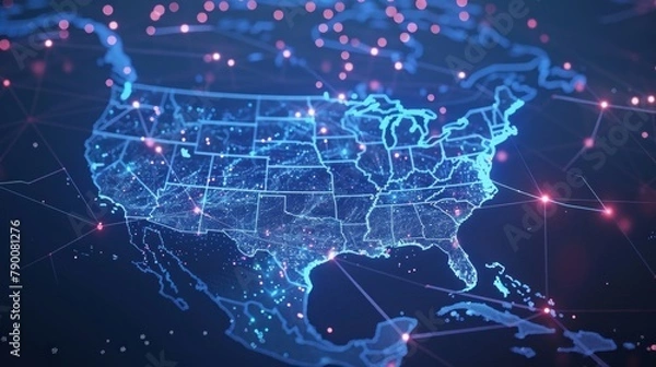 Fototapeta Digital world globe centered on USA, concept of global network and connectivity on Earth, data transfer and cyber technology, information exchange and international telecommunication