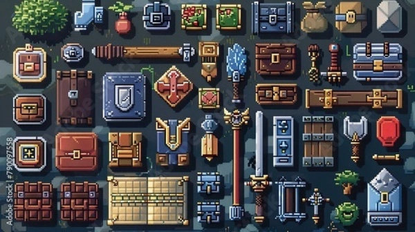 Fototapeta A collection of pixelated buildings and objects, including a clock, a bottle. game assets, castle, retro