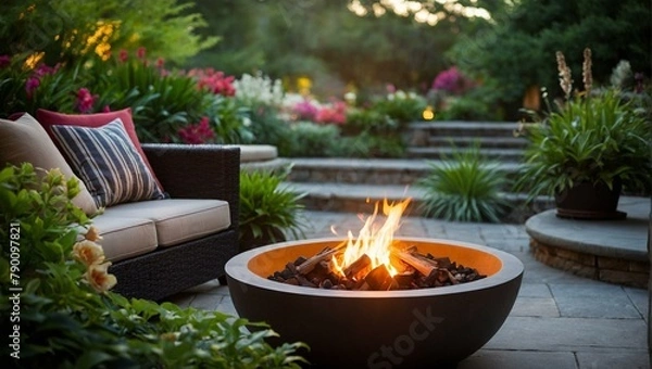 Fototapeta An upscale outdoor seating area with plush cushions around a fire pit, set against a lush garden