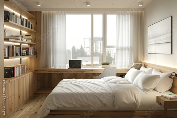 Fototapeta White and wooden hotel interior with bed and workplace with laptop, shelf with books. Panoramic window with curtains, parquet floor. Sleeping room in apartment, 3D rendering.