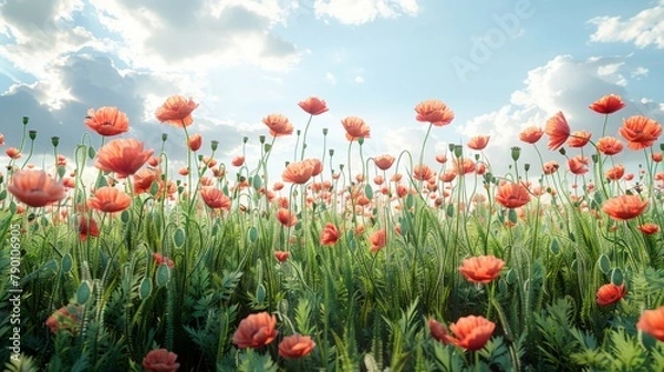 Fototapeta A field of red flowers with a blue sky in the background