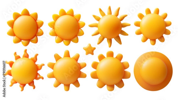 Fototapeta Set of sun 3D icons. Cartoon yellow and orange cute suns designs for kids on a transparent background