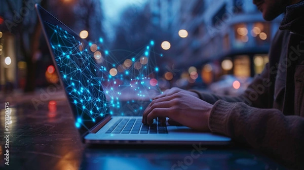 Fototapeta Digital tech and internet networks drive futuristic innovation. With laptops and mobile phones, individuals access vast resources, enabling seamless communication and info access.