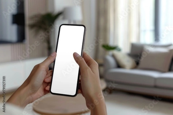 Fototapeta Mockup image of a woman holding and using black mobile phone with blank desktop screen