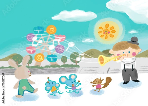Obraz 遊園地で演奏をする子供と動物たちのイラスト