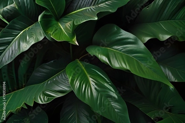 Fototapeta closeup tropical green leaf background. Flat lay, fresh wallpaper banner concept Generator AI 