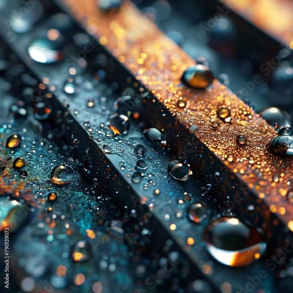 Fototapeta Abstract background of metal blocks with drops of water. Shallow depth of field