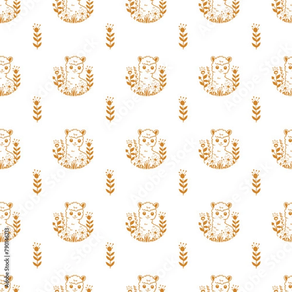 Fototapeta Alpaca in flowers cute vector seamless pattern