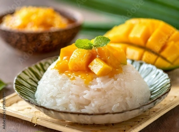 Obraz Mango sticky rice- Sweet sticky rice served with fresh mango and coconut milk.Southeast Asia