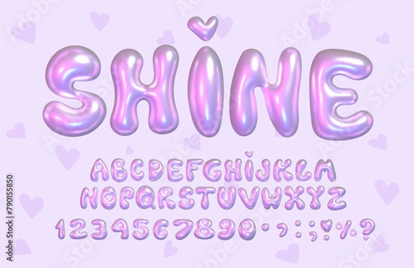 Fototapeta 3D Festive Summer Metallic Glitter Font, Trending Y2K Style, Bubble Font. Full vector made with gradient mesh, pink with hearts. 3d alphabet