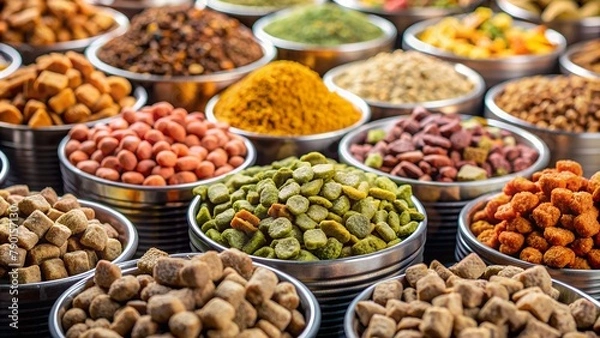 Fototapeta сортировка разных кормов для домашних животных.