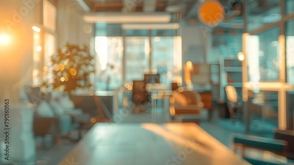 Fototapeta Beautiful blurred background of a light modern office interior with panoramic windows and beautiful lighting