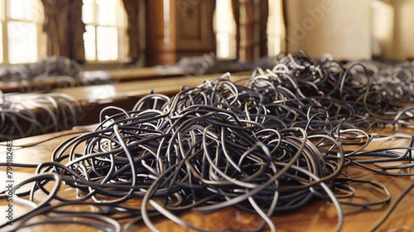 Fototapeta A Mess of Gray Networking Cables on a Desk.