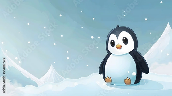Fototapeta Cute Pinguin illustration, Penguin sitting on ice in cold polar winter, Carton art