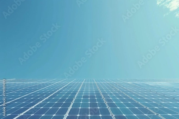 Fototapeta A clean, minimalist image of solar panels with a clear blue sky in the background, space for text at the bottom