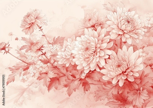 Fototapeta A red flower bouquet with a pink background. The flowers are white and pink. The flowers are arranged in a way that they look like they are blooming. The background is a light pink color