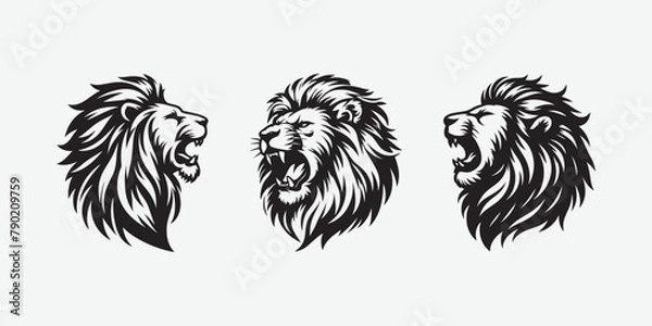 Fototapeta set of 3 lion head angry roaring logo vector silhouette, shows power and strenght