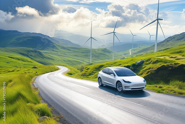 Fototapeta An electric vehicle on a scenic drive, with wind turbines in the background, emphasizing eco-friendly travel and renewable energy sources.