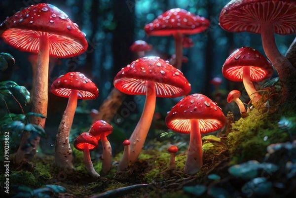 Obraz Generative AI, Beautiful and awesome neon colorful mushrooms, Magical views of neon colorful mushrooms, Beautiful view of neon colorful mushrooms in the thickets of forest bushes, small neon mushrooms