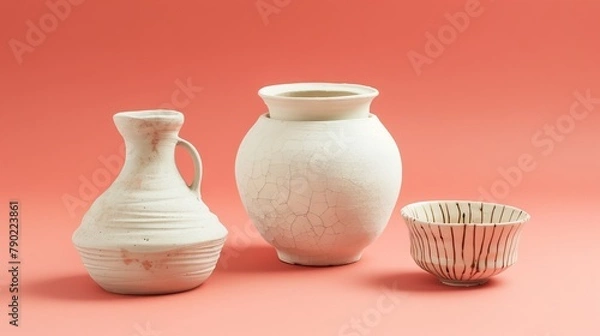 Fototapeta Three white ceramic vases on a pink background.