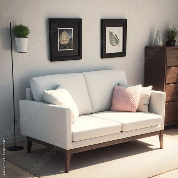 Fototapeta A cozy living room setup featuring a modern white sofa with cushions, a wooden chest of drawers, and framed botanical prints on the wall.