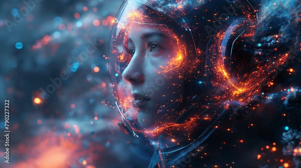 Fototapeta A deep space mystery female figure made up of galaxies, solarpunk, modern, futuristic, realistic, 8k