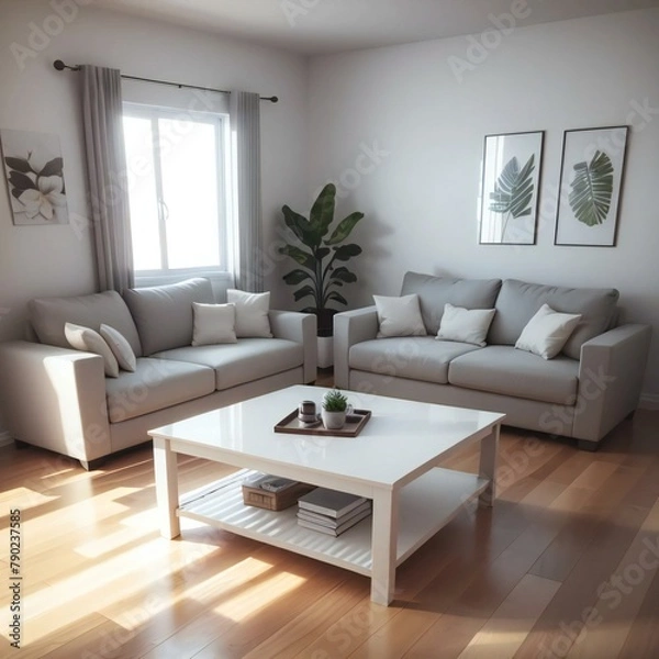 Fototapeta Bright and airy living room with modern white sofas, a coffee table, and decorative plants near a window.