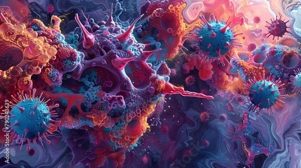 Fototapeta Microscopic view of wrecks on cells. The composition includes elements such as colored macrocells.