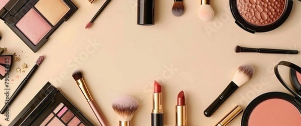 Fototapeta Makeup accessories on a beige background, flat lay banner with space for text.