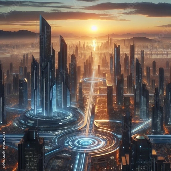 Fototapeta Futuristic dawn: A high-definition, cinematic panorama of a futuristic metropolis awakening at dawn, with the early light casting long shadows and illuminating the advanced architectural marvels
