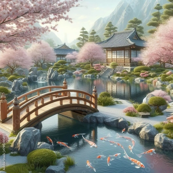 Fototapeta A tranquil Zen garden with cherry blossom trees, a small bridge, and koi fish swimming in a pond
