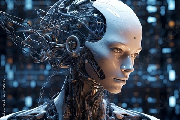Obraz Futuristic android head, sleek, exposed wires, integrated nodes—a marvel blending human and tech in perfect convergence.