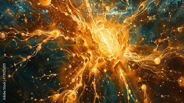 Fototapeta Swirling golden glitter in dynamic motion on a dark background. Abstract concept of galaxy or space. Design for backdrop, cosmic event promotion, or science fiction theme.